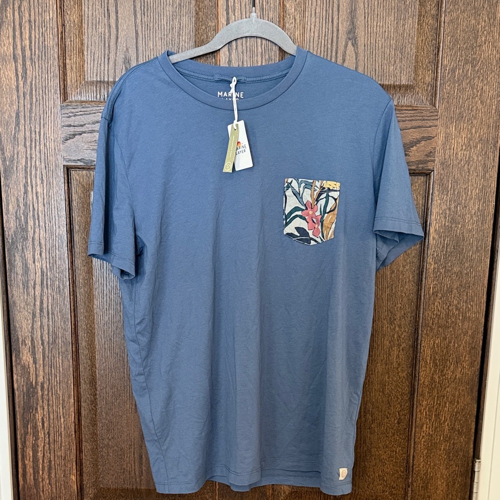 NWT Marine Layer Women’s Indigo Blue With Floral Pocket Tee Size Large